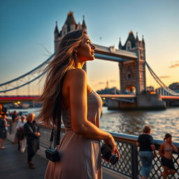 A stunning Latin woman gazes thoughtfully at the iconic Tower Bridge in London, her expression reflecting a mix of admiration and contemplation