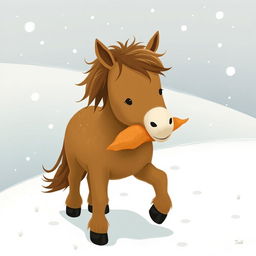 A charming brown pony walking through a snowy landscape, holding a sweet potato in its mouth