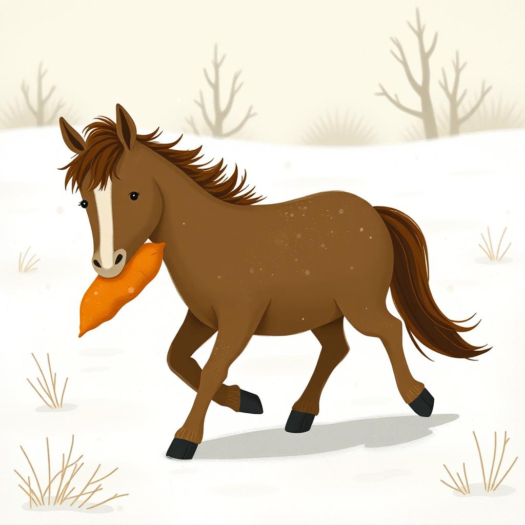 A charming brown pony walking through a snowy landscape, holding a sweet potato in its mouth