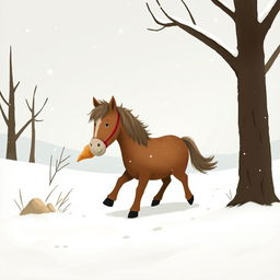 A charming brown pony walking through a snowy landscape, holding a sweet potato in its mouth