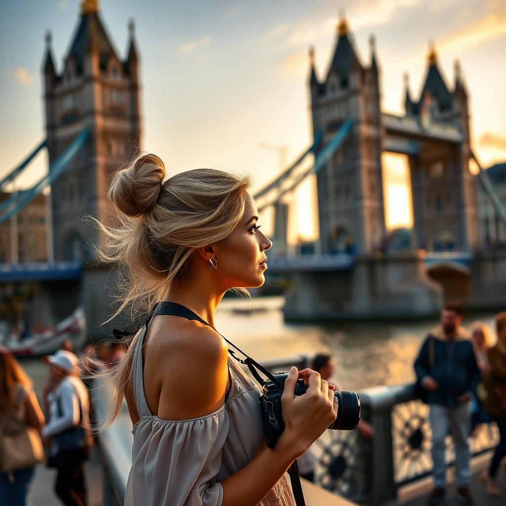 A stunning Latin woman with blonde hair styled in a bun gazes thoughtfully at the iconic Tower Bridge in London
