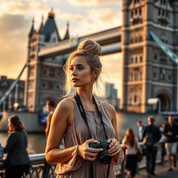 A stunning Latin woman with blonde hair styled in a bun gazes thoughtfully at the iconic Tower Bridge in London