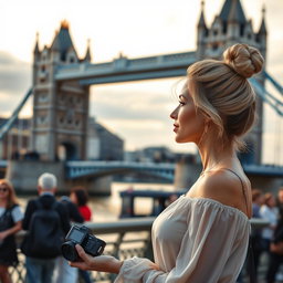 A stunning Latin woman with blonde hair styled in a bun gazes thoughtfully at the iconic Tower Bridge in London