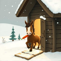 A delightful brown pony stepping out of a charming wooden cabin in a snowy landscape, holding a carrot in its mouth