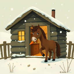 A delightful brown pony stepping out of a charming wooden cabin in a snowy landscape, holding a carrot in its mouth