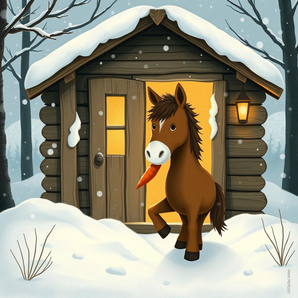 A delightful brown pony stepping out of a charming wooden cabin in a snowy landscape, holding a carrot in its mouth