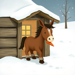 A cute brown pony stepping out from a cozy wooden cabin into a snowy landscape, holding a carrot in its mouth