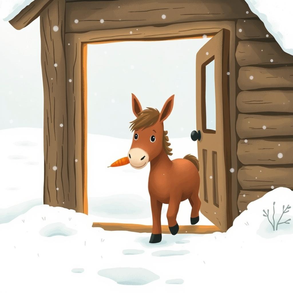 A cute brown pony stepping out from a cozy wooden cabin into a snowy landscape, holding a carrot in its mouth