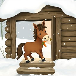 A cute brown pony stepping out from a cozy wooden cabin into a snowy landscape, holding a carrot in its mouth