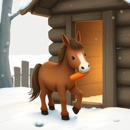 A cute brown pony stepping out from a cozy wooden cabin into a snowy landscape, holding a carrot in its mouth