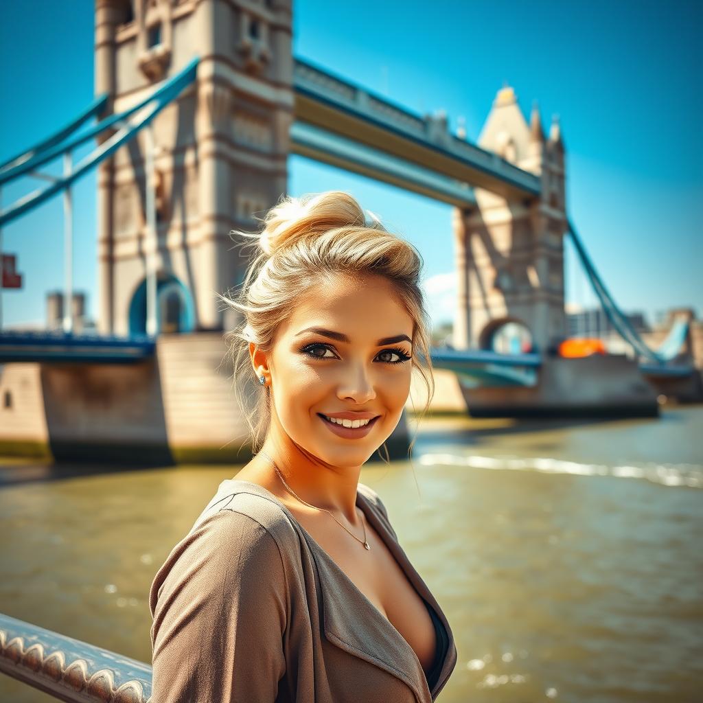 A Latin woman with blonde hair styled in a bun, confidently facing the camera while standing near the iconic Tower Bridge in London