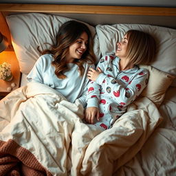 A cozy and intimate scene featuring two young adult women lying in bed together, wrapped in soft blankets