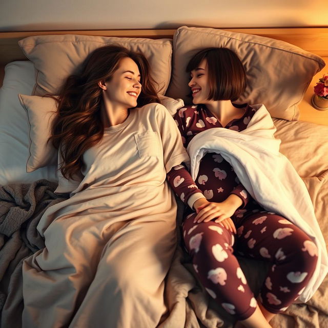 A cozy and intimate scene featuring two young adult women lying in bed together, wrapped in soft blankets