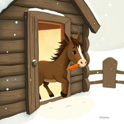 A cute brown pony stepping out from a cozy wooden cabin into a snowy landscape, holding a carrot in its mouth
