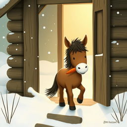 A cute brown pony stepping out from a cozy wooden cabin into a snowy landscape, holding a carrot in its mouth