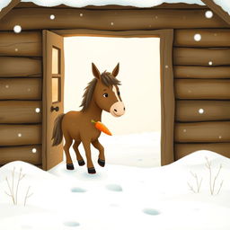 A cute brown pony stepping out from a cozy wooden cabin into a snowy landscape, holding a carrot in its mouth