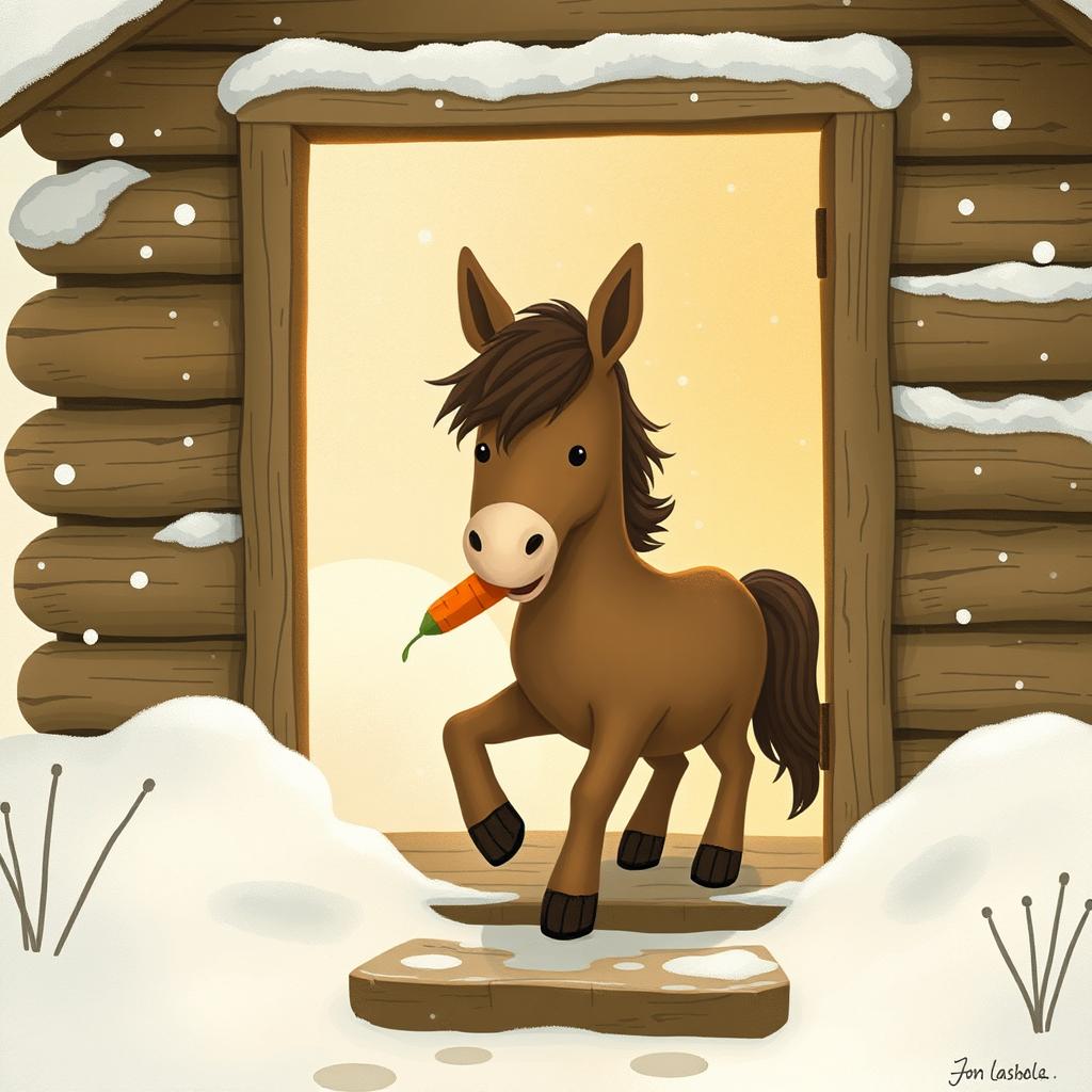 A cute brown pony stepping out from a cozy wooden cabin into a snowy landscape, holding a carrot in its mouth