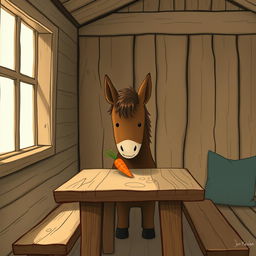 Inside a cozy wooden cabin, a cute brown pony is placing a carrot on a rustic wooden table