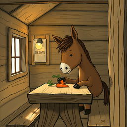 Inside a cozy wooden cabin, a cute brown pony is placing a carrot on a rustic wooden table