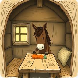 Inside a cozy wooden cabin, a cute brown pony is placing a carrot on a rustic wooden table