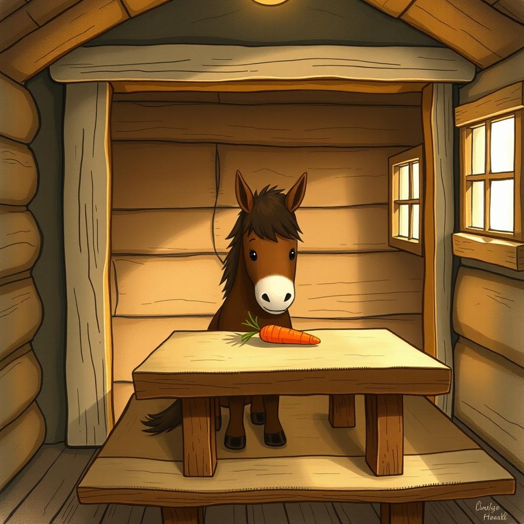 Inside a cozy wooden cabin, a cute brown pony is placing a carrot on a rustic wooden table