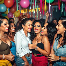 A vibrant and energetic scene featuring Latina women enjoying a lively celebration together, showcasing a variety of beautiful and confident women engaged in playful and flirtatious interactions