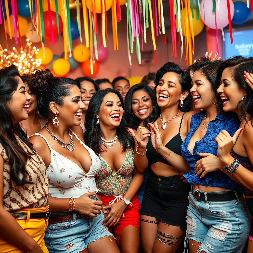 A vibrant and energetic scene featuring Latina women enjoying a lively celebration together, showcasing a variety of beautiful and confident women engaged in playful and flirtatious interactions