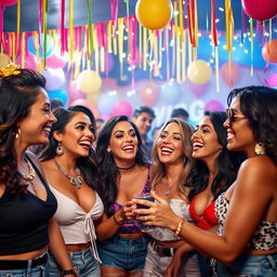 A vibrant and energetic scene featuring Latina women enjoying a lively celebration together, showcasing a variety of beautiful and confident women engaged in playful and flirtatious interactions