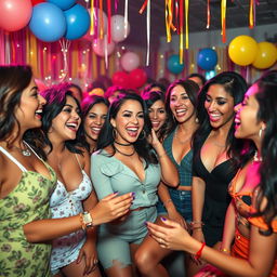 A vibrant and energetic scene featuring Latina women enjoying a lively celebration together, showcasing a variety of beautiful and confident women engaged in playful and flirtatious interactions