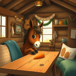 Inside a warmly decorated wooden cabin, a cute brown pony is placing a carrot on a rustic wooden table