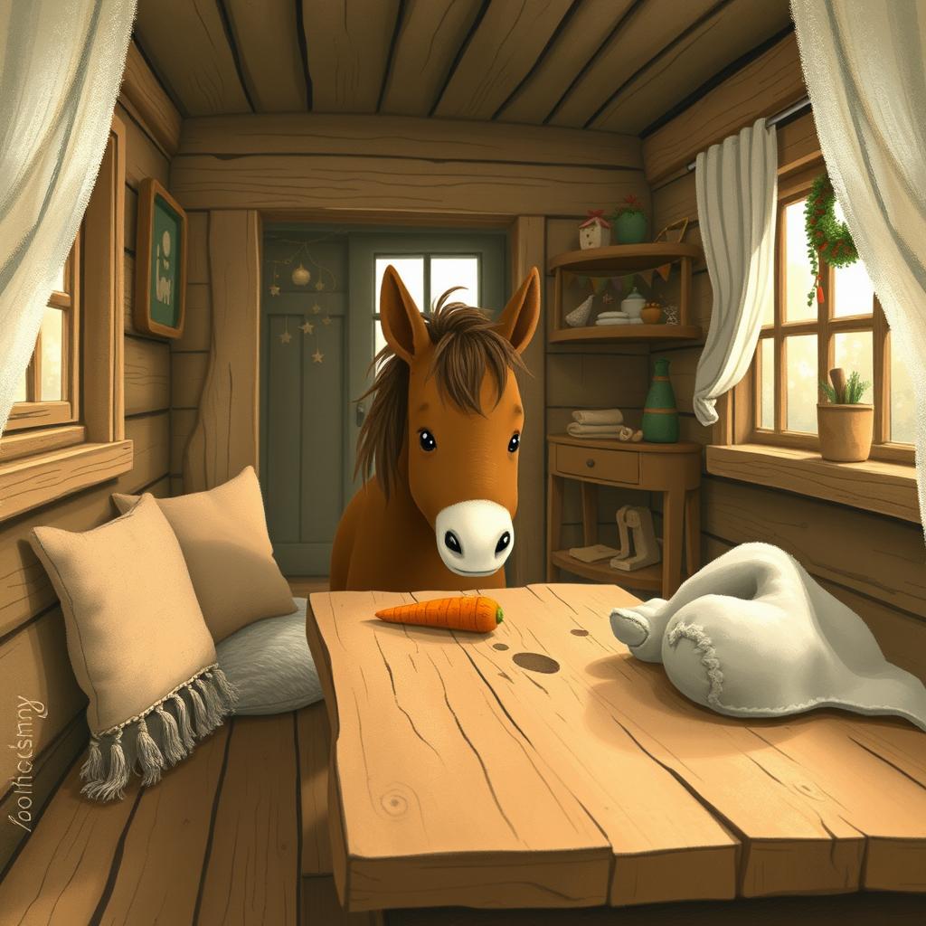 Inside a warmly decorated wooden cabin, a cute brown pony is placing a carrot on a rustic wooden table