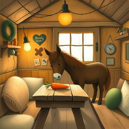 Inside a warmly decorated wooden cabin, a cute brown pony is placing a carrot on a rustic wooden table