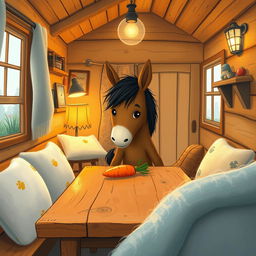 Inside a warmly decorated wooden cabin, a cute brown pony is placing a carrot on a rustic wooden table