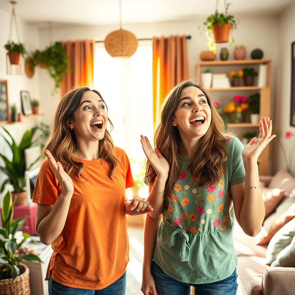 A lighthearted scene featuring two young adult women in a playful moment, expressing surprise and joy in a bright, beautifully decorated living room filled with colorful plants and cozy furniture