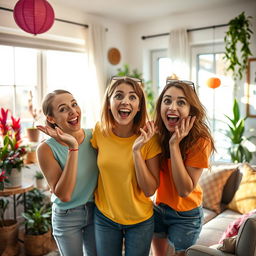 A lighthearted scene featuring two young adult women in a playful moment, expressing surprise and joy in a bright, beautifully decorated living room filled with colorful plants and cozy furniture