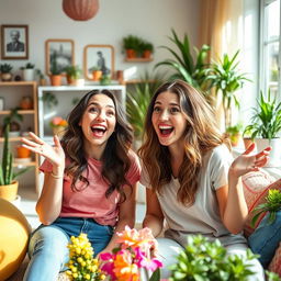 A lighthearted scene featuring two young adult women in a playful moment, expressing surprise and joy in a bright, beautifully decorated living room filled with colorful plants and cozy furniture