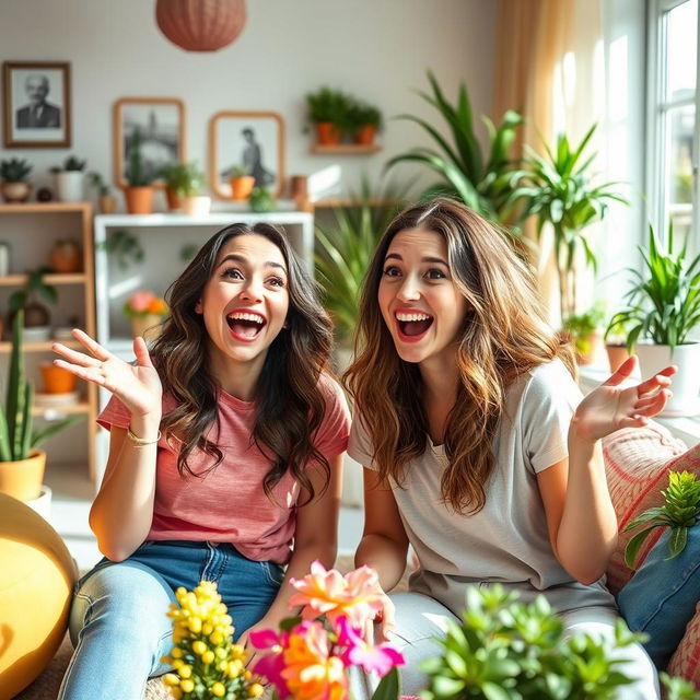 A lighthearted scene featuring two young adult women in a playful moment, expressing surprise and joy in a bright, beautifully decorated living room filled with colorful plants and cozy furniture