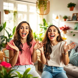 A lighthearted scene featuring two young adult women in a playful moment, expressing surprise and joy in a bright, beautifully decorated living room filled with colorful plants and cozy furniture