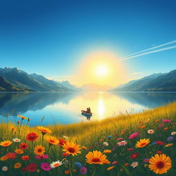 A serene landscape illustration featuring a tranquil lake surrounded by majestic mountains under a bright blue sky