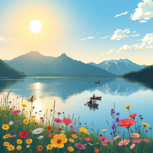 A serene landscape illustration featuring a tranquil lake surrounded by majestic mountains under a bright blue sky