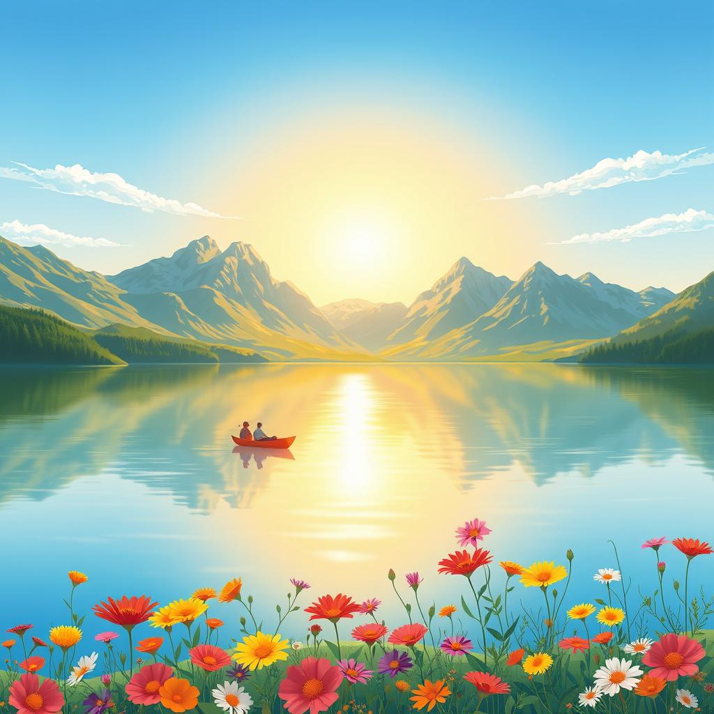A serene landscape illustration featuring a tranquil lake surrounded by majestic mountains under a bright blue sky