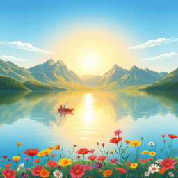 A serene landscape illustration featuring a tranquil lake surrounded by majestic mountains under a bright blue sky