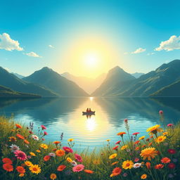 A serene landscape illustration featuring a tranquil lake surrounded by majestic mountains under a bright blue sky
