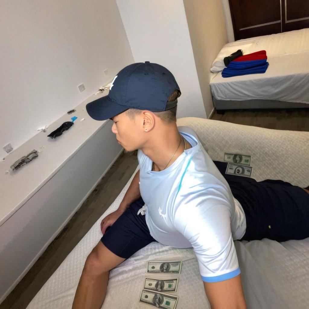 a Lot of money bills scattered above the bed