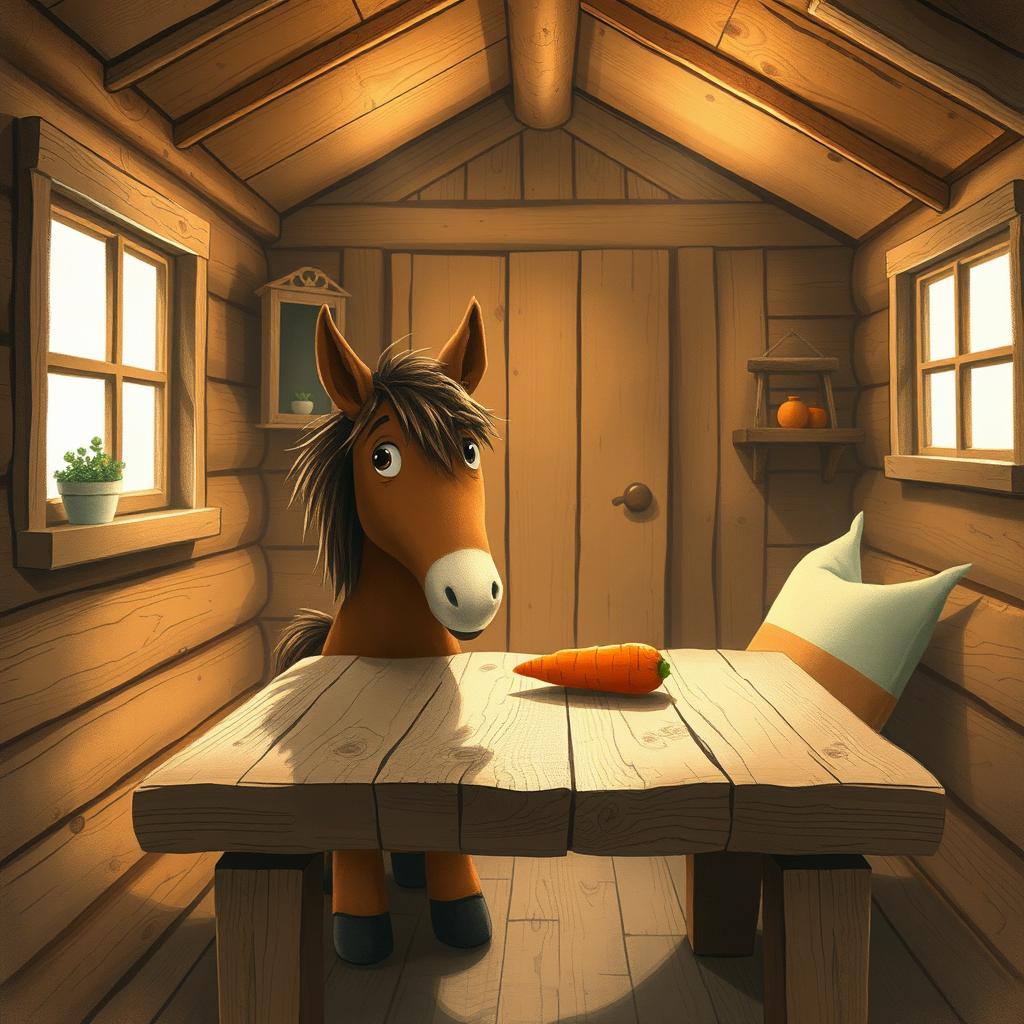 Inside a warm and cozy wooden cabin, a cute brown pony is placing a carrot on a rustic wooden table