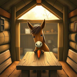 Inside a warm and cozy wooden cabin, a cute brown pony is placing a carrot on a rustic wooden table