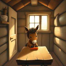 Inside a warm and cozy wooden cabin, a cute brown pony is placing a carrot on a rustic wooden table