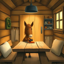 Inside a warm and cozy wooden cabin, a cute brown pony is placing a carrot on a rustic wooden table