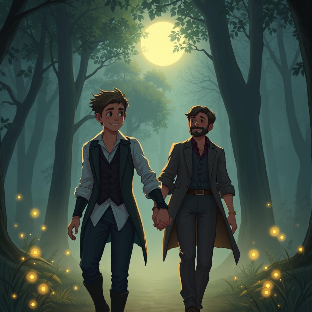 A heartwarming scene depicting Charles Holt and Mike Morton from the game IdentityV, walking hand in hand through a misty, moonlit forest