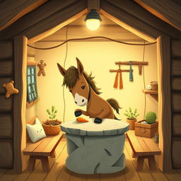Inside a cozy wooden cabin, a cute brown pony is placing a carrot on a stone table